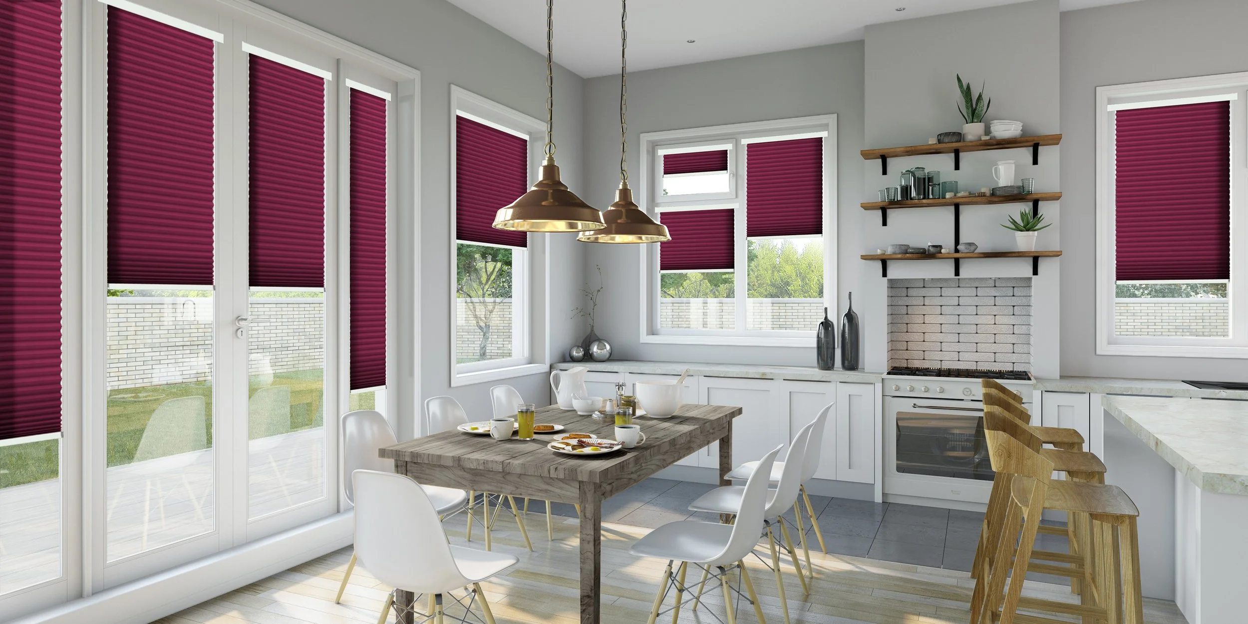Modern kitchen with large windows covered by maroon blinds, white cabinets, a wooden dining table with white chairs, and a white brick fireplace with wooden shelves and decorative objects. There are two pendant lights hanging above the table.