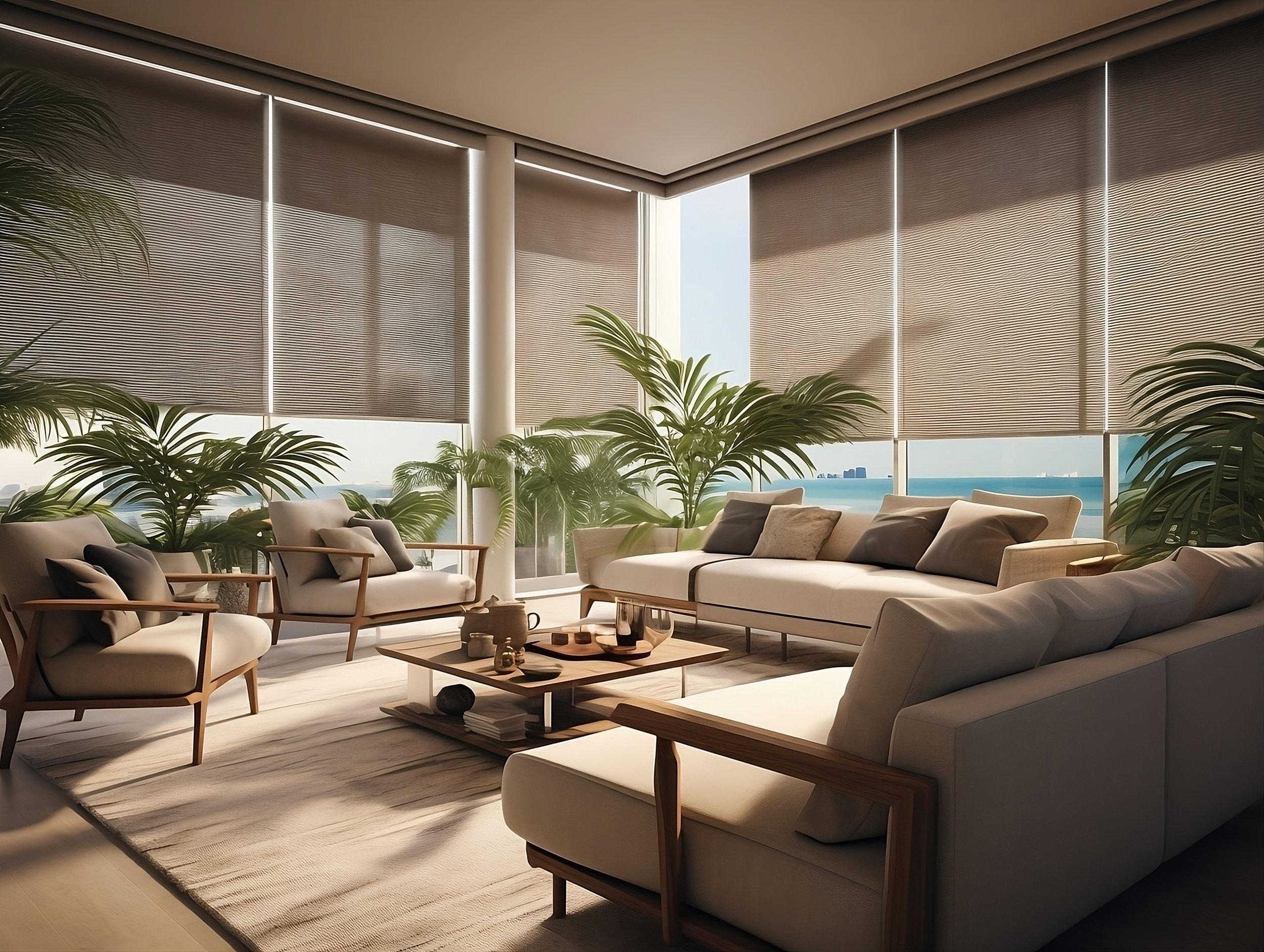Contemporary living room with large window shades, beige couches, wooden armchairs, and indoor plants, overlooking a view of the ocean and sky.