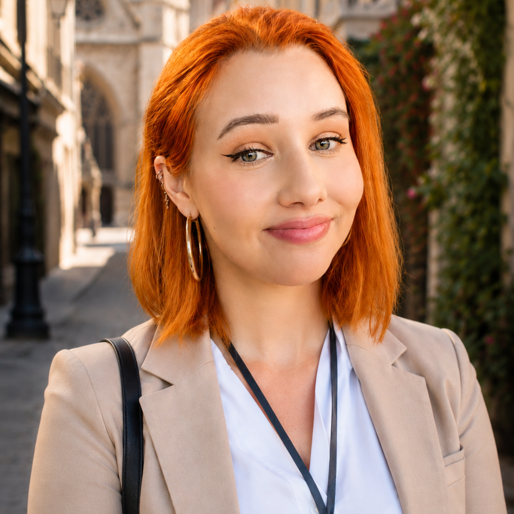 Jeune femme aux cheveux roux portant une veste beige, un chemisier blanc et un sac à bandoulière noir, souriante, dans une rue urbaine.