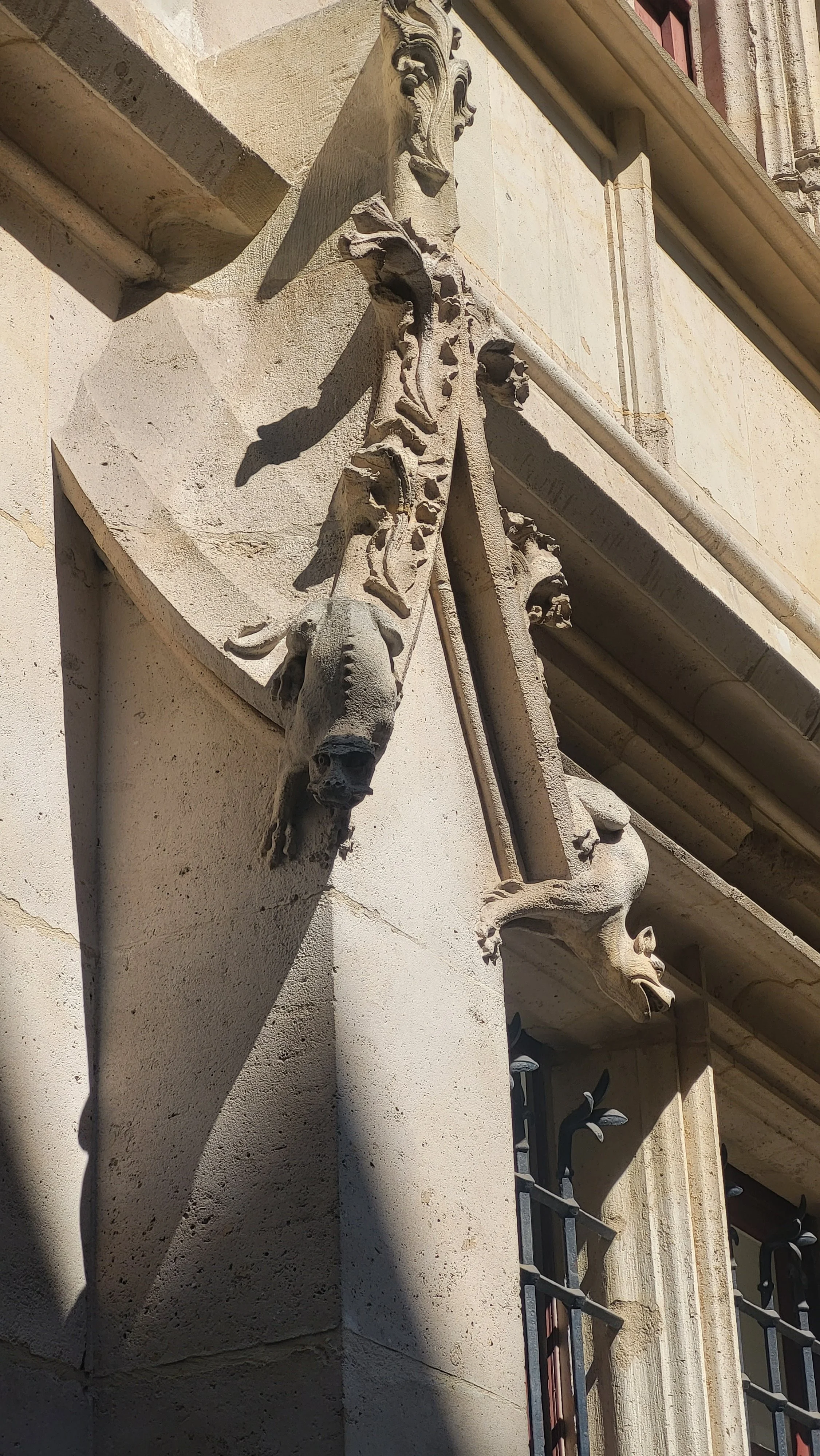 Détail architectural en pierre d'un bâtiment ancien, avec un motif sculpté représentant un animal fantastique et un motif floral, partie d'une façade ornée avec une grille en fer forgé.