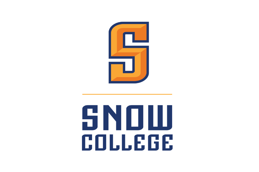 Logo for Snow College with a large orange and navy blue stylized number 5 above the text "Snow College" in navy blue capital letters.