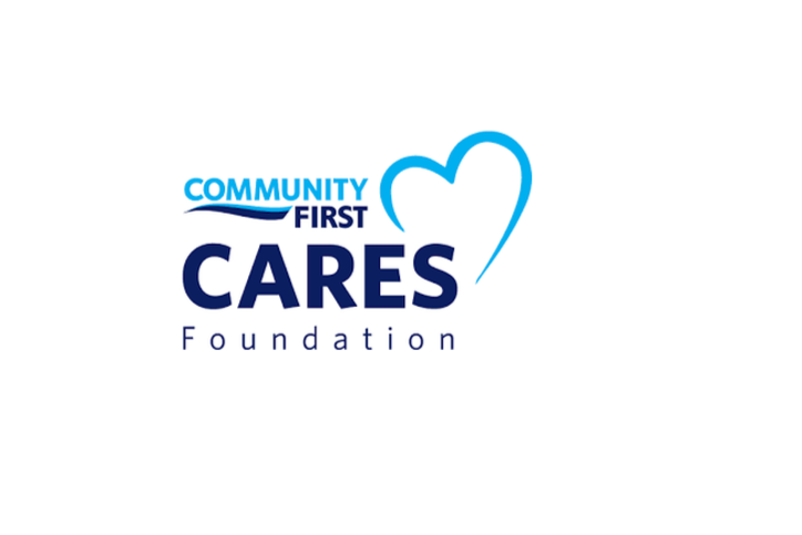 Logo of Community First Cares Foundation with a blue heart and text in blue and purple.