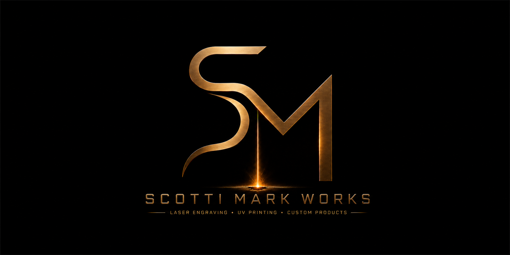 Scotti Mark Works logo featuring a gold SM monogram with a laser engraving beam and flare on a black background. Custom laser engraving, UV printing, and maker-built products.