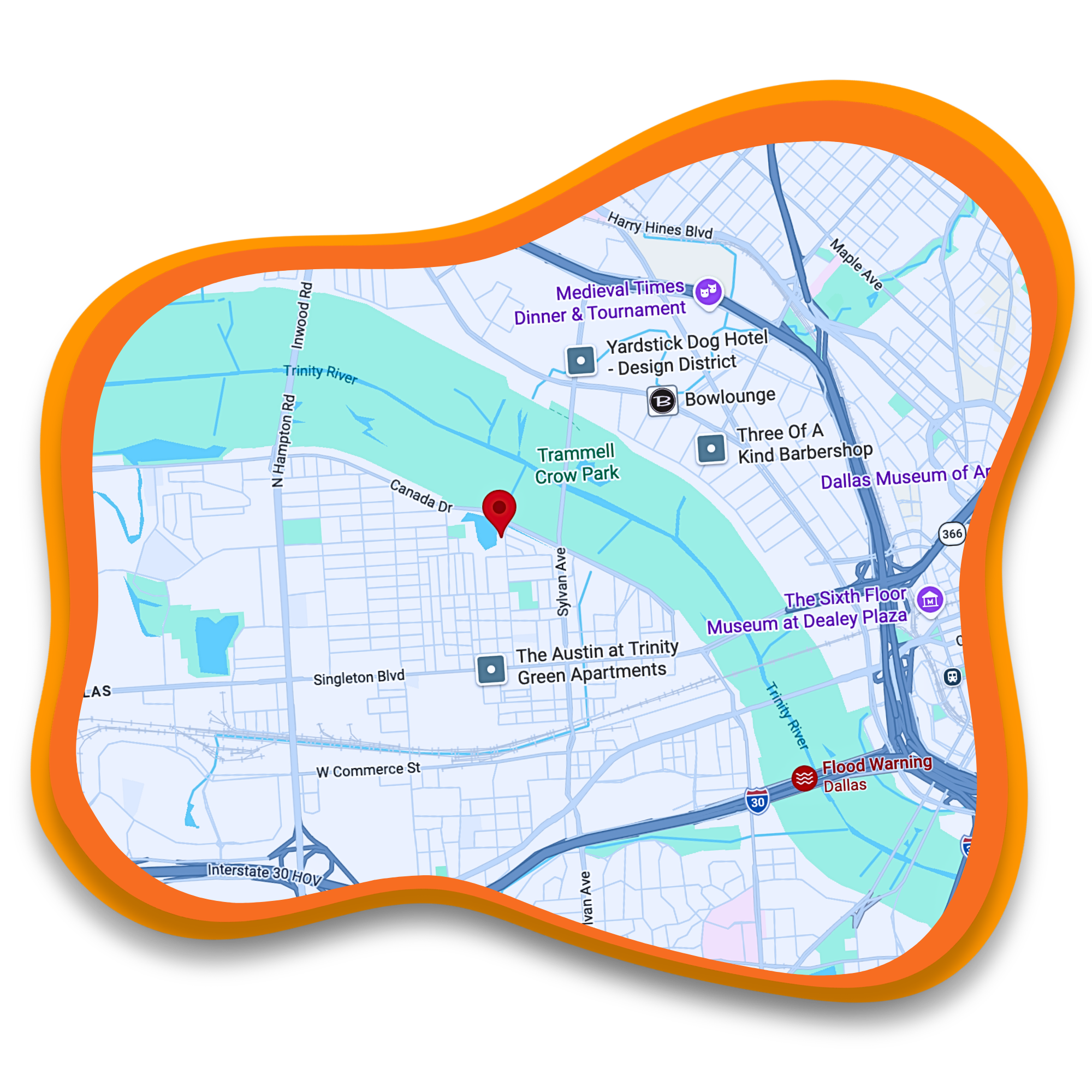 Map of downtown Dallas, Texas, with warnings about flooding, showing streets, parks, and landmarks.