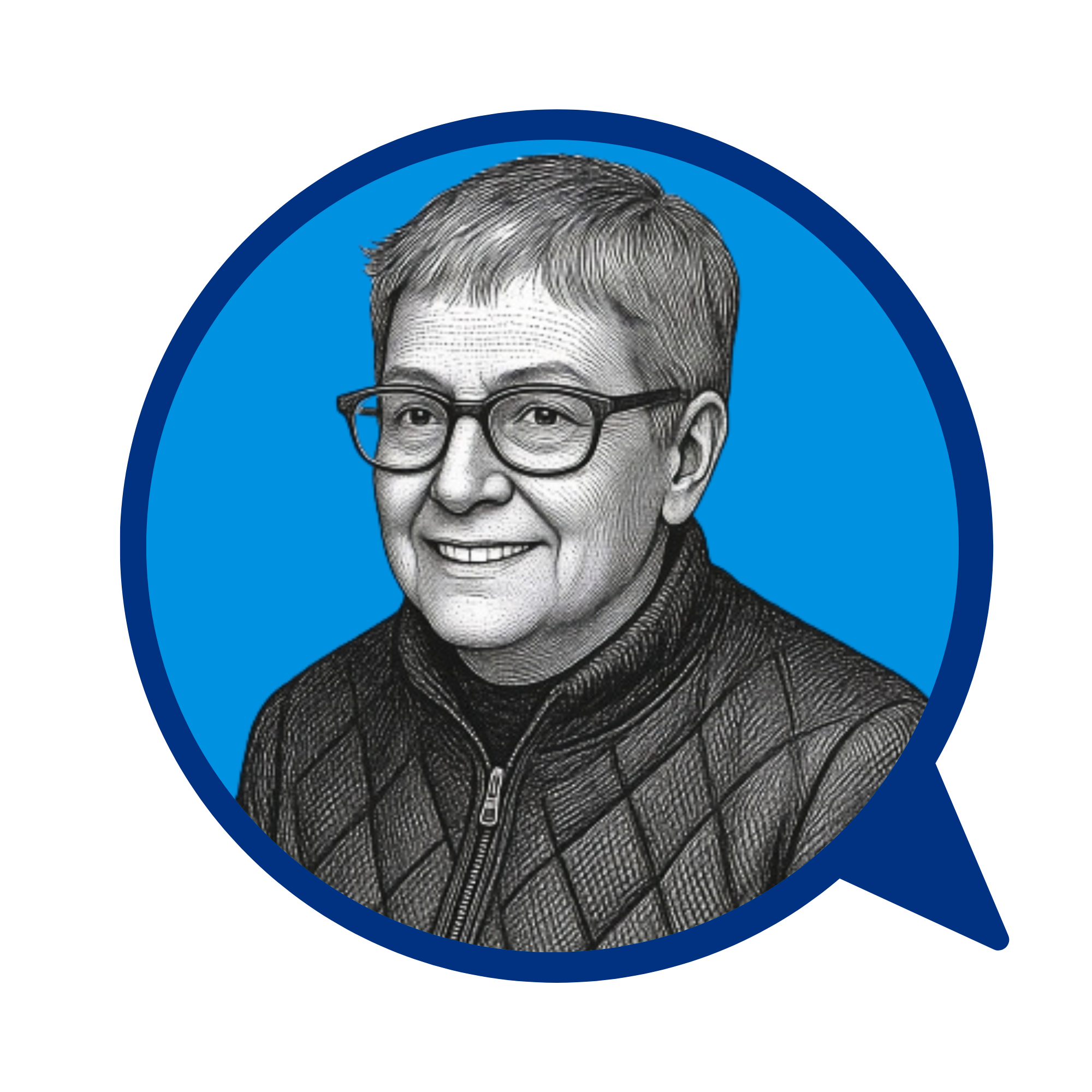 Black-and-white illustrated portrait of Rosa Lopez with glasses set against a blue background.