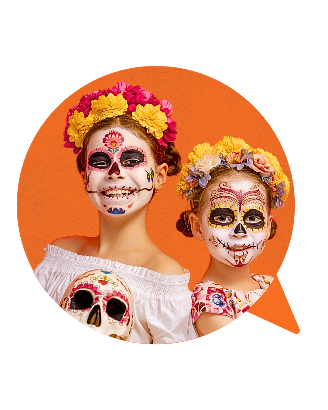 Two young girls with painted faces in sugar skull makeup, wearing colorful flower crowns, celebrating Day of the Dead, against an orange background.