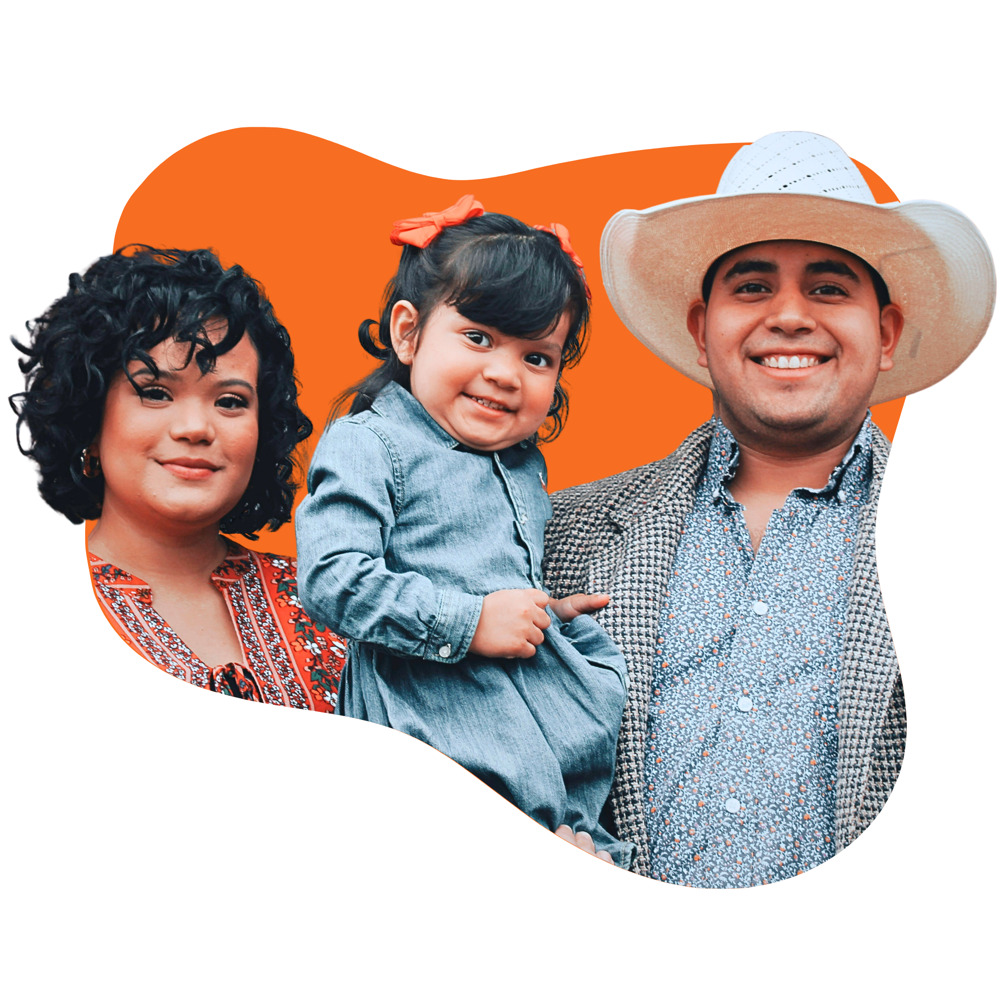 Smiling diverse family of three including woman with curly hair, girl with a bow in her hair, and man with a wide-brimmed hat, standing against an orange background.