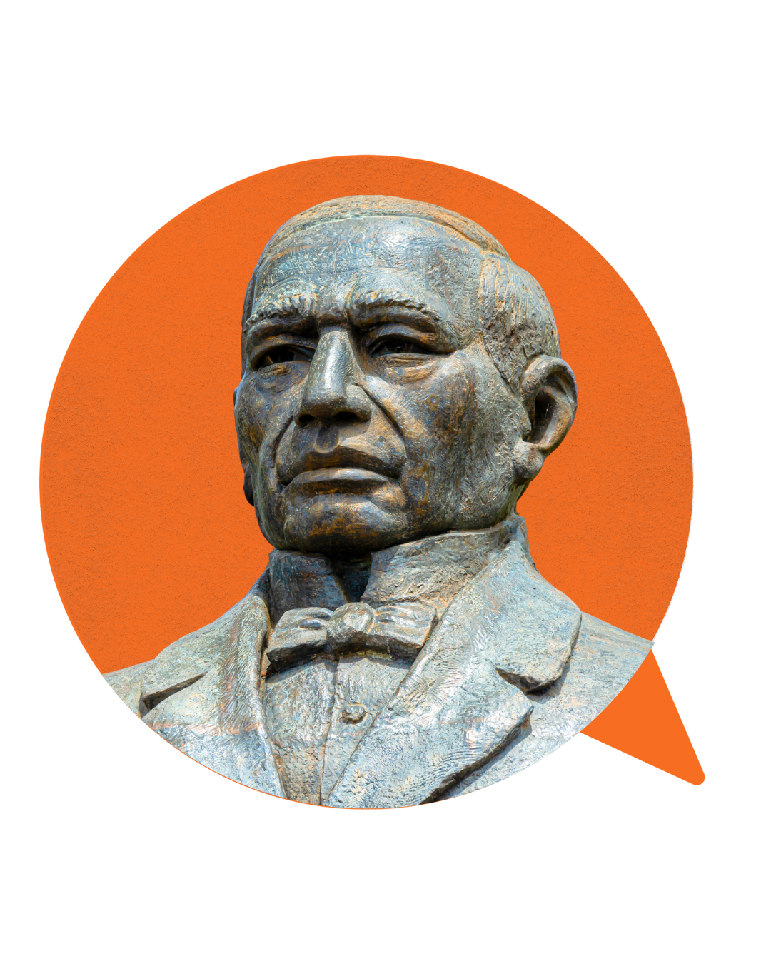 Bronze bust of a man with a serious expression, wearing a suit and bow tie, in front of an orange circle background.