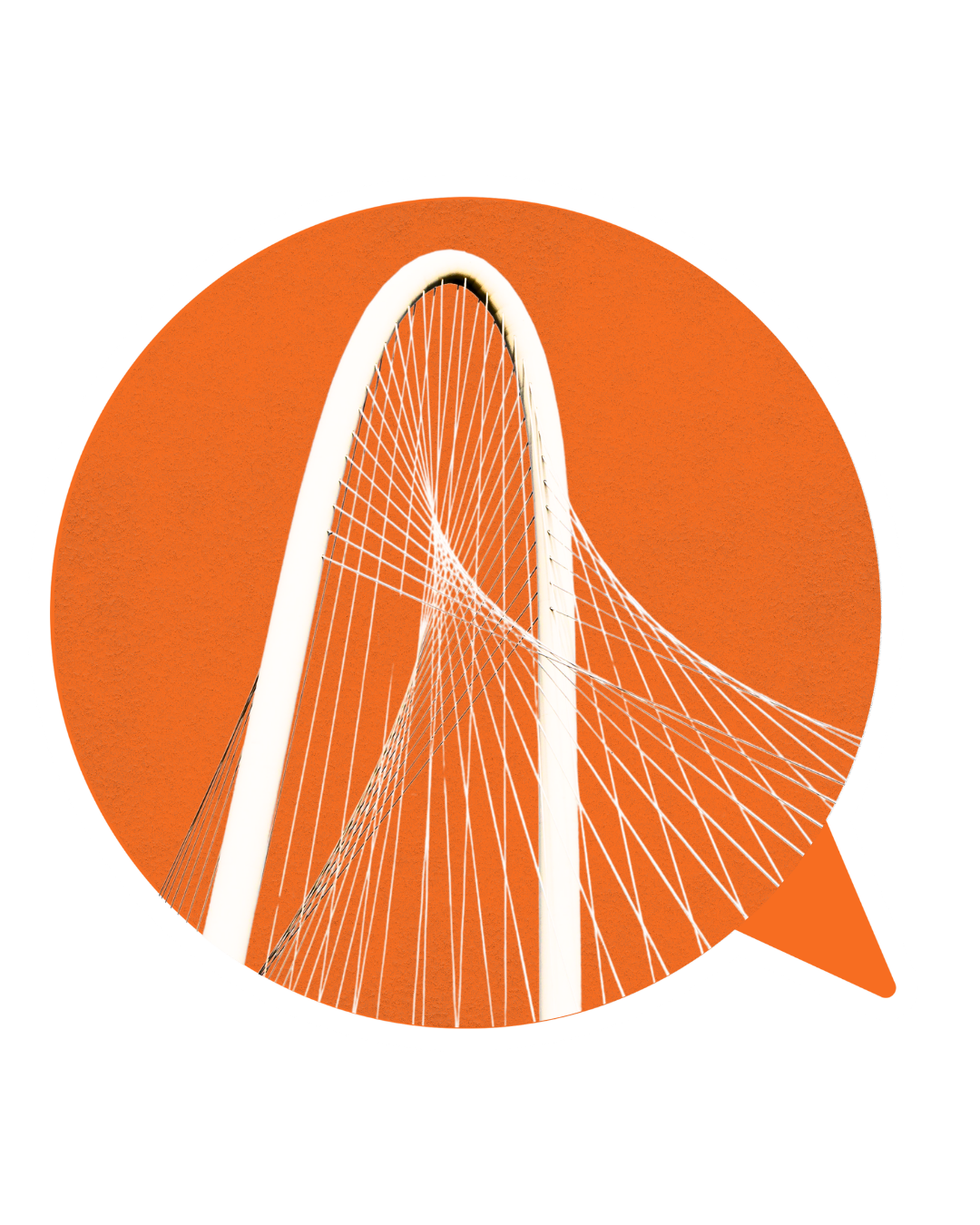 Logo of a stylized orange and white bridge with a high arch and suspension cables, set against a black background.