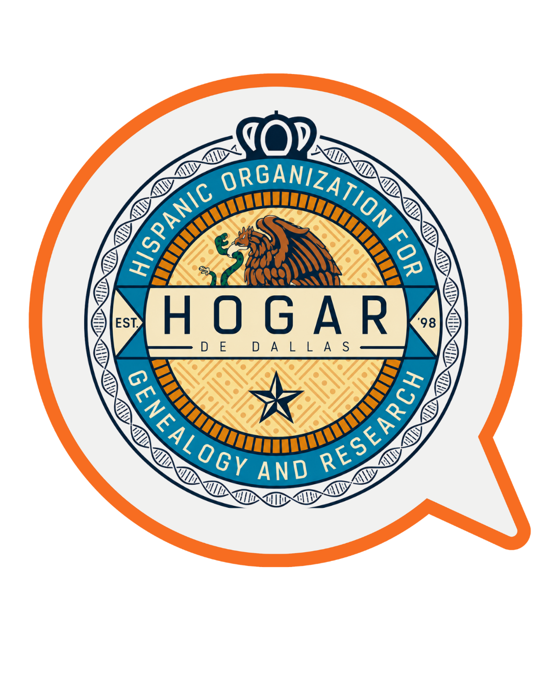 Emblem for the Hispanic Organization for Genealogy and Research in Dallas, featuring a central seal with a lion and snake, and text around the circle reading 'Hispanic Organization for Genealogy and Research' and 'Hogar de Dallas.'