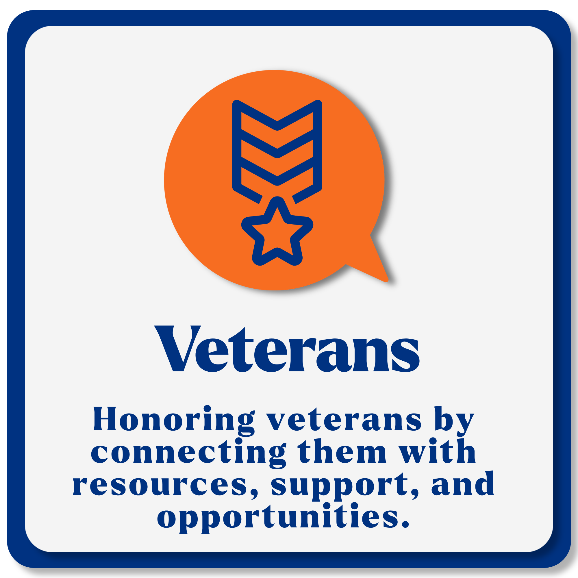 Text on a badge honoring veterans with a blue border and orange circle logo, which has a blue outline of a ribbon and star.