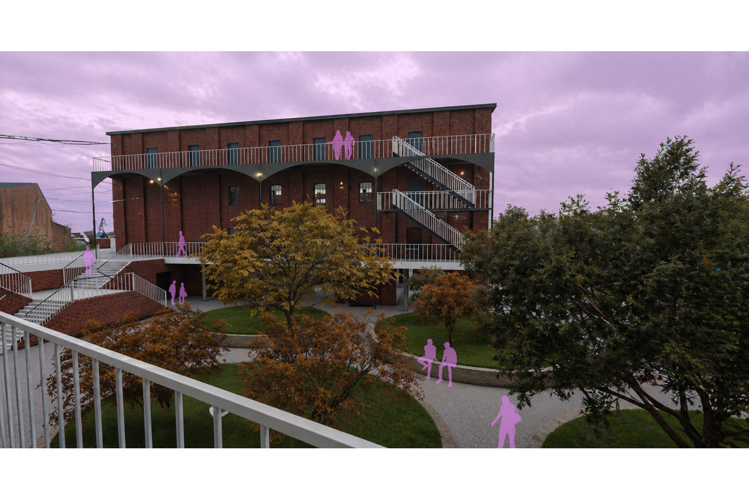 A modern brick building with outdoor staircases and balconies, surrounded by trees with fall foliage, at dusk. Pink silhouettes of people walking and sitting are overlaid on the scene.