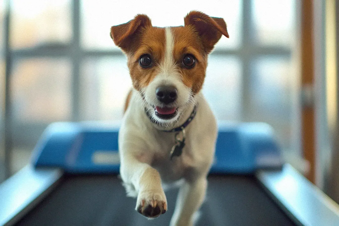 A small dog with brown patches on its face and ears, running towards the camera on a treadmill, with a blurred background.  He is a spry little guy who is loving his gym workout and exercise routine so that he can stay healthy and fit longer.