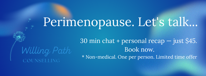 Advertisement for perimenopause counseling sessions offering a 30-minute chat and personal recap for $45, with a blue and green gradient background and dandelion graphics.