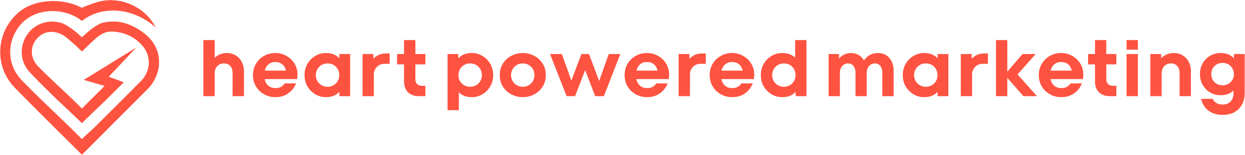 Heart Powered Marketing horizontal logo in coral red, featuring the brand’s heart-shaped icon logo beside the company name.