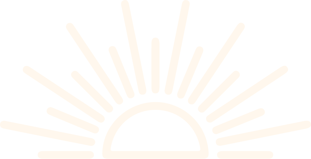 White line-art sunrise icon with radiating rays.