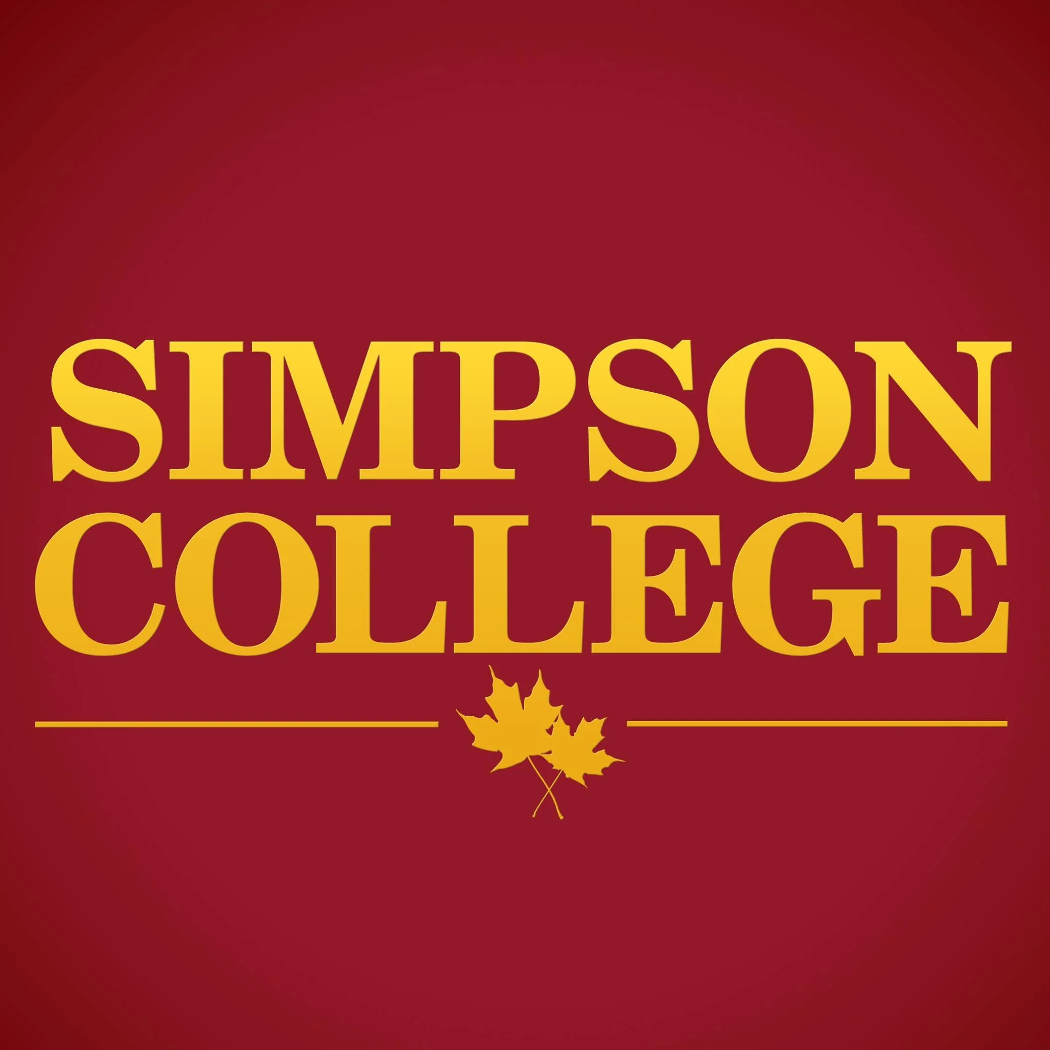Gold and red text spelling 'Simpson College' on a red background with a gold maple leaf.