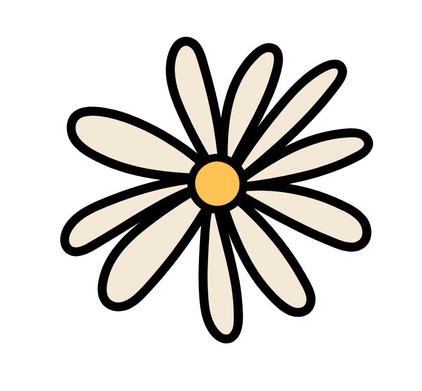 Stylized illustration of a daisy flower with white petals, a yellow center, and black outline.