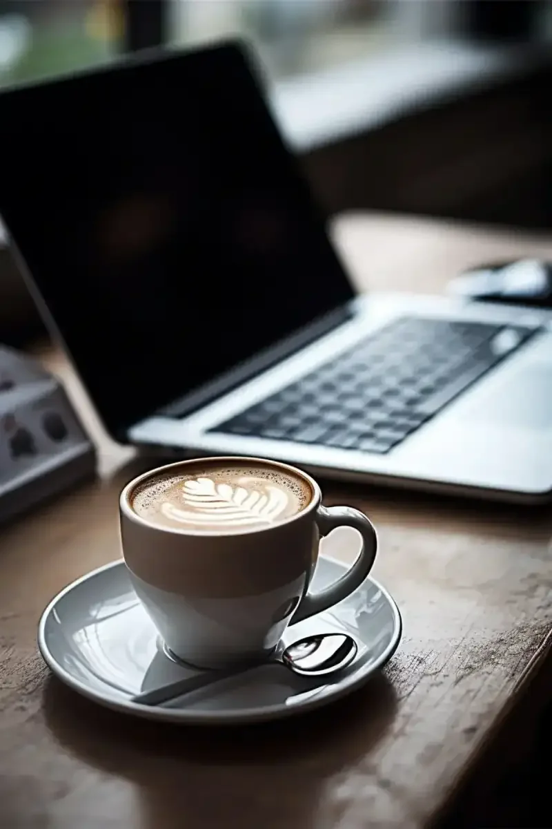 Latte with latte art beside an open laptop