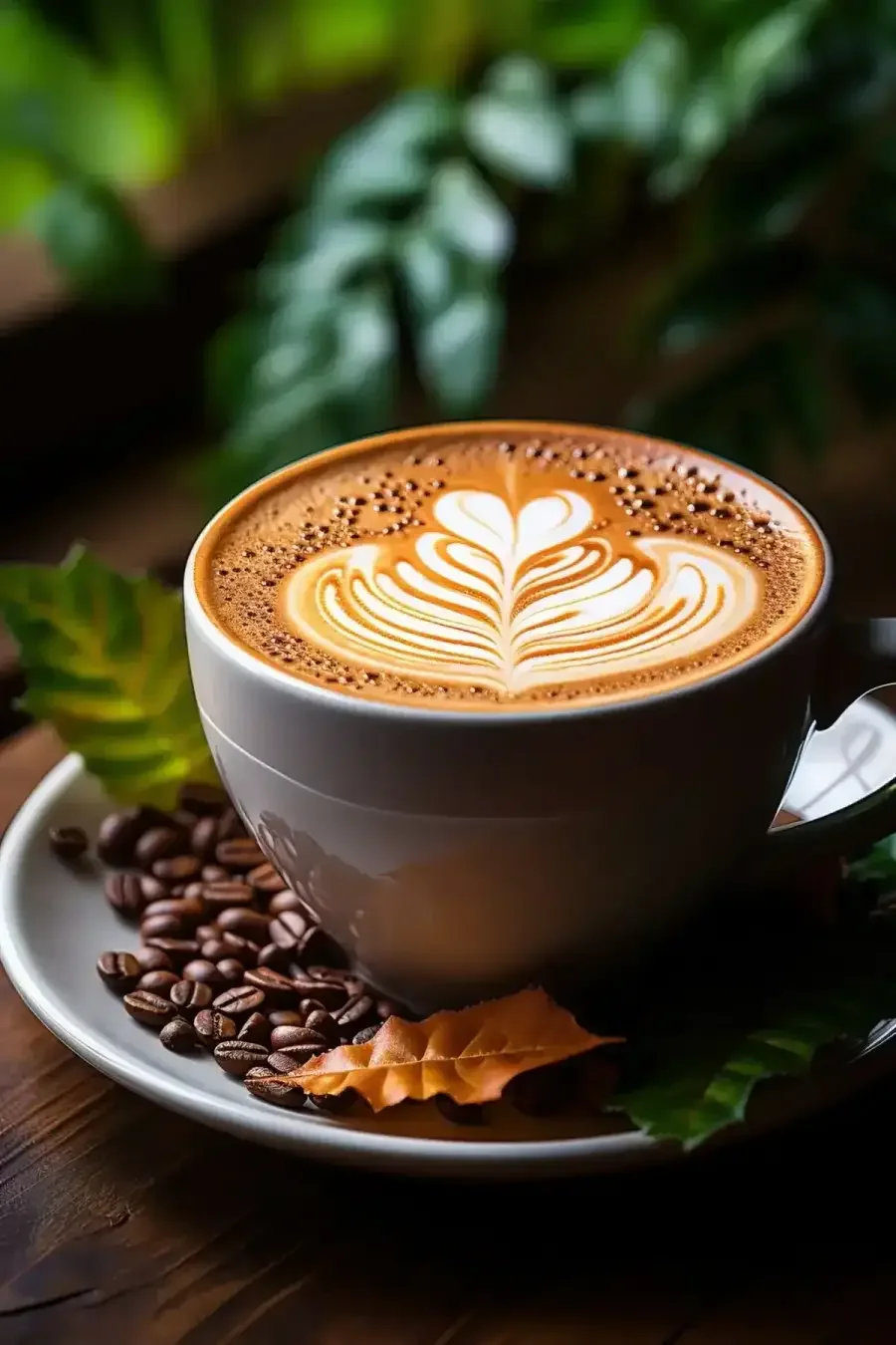 Close-up of a cappuccino with latte art and coffee beans