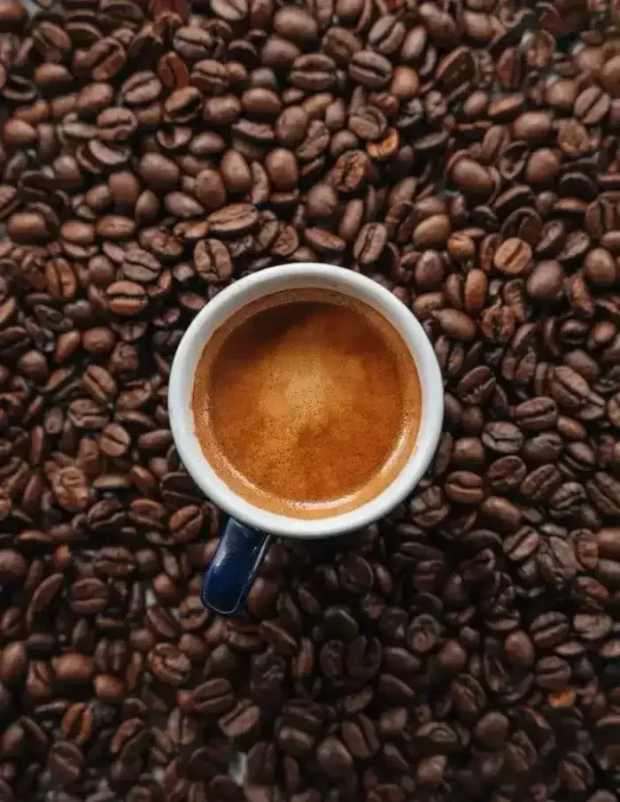 Espresso in a white cup on a bed of coffee beans