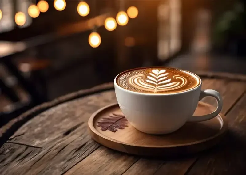 Latte with leaf latte art in a white cup on a wooden saucer