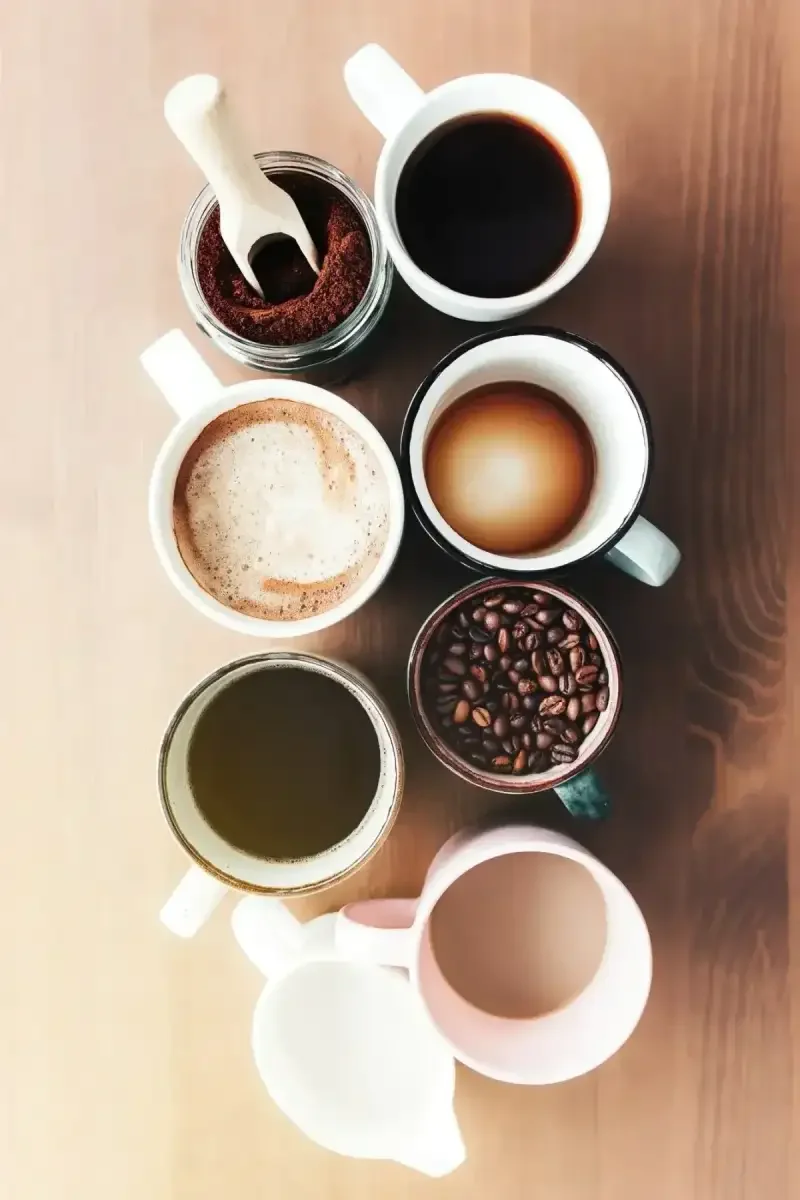Cups of coffee and espresso beans seen from above