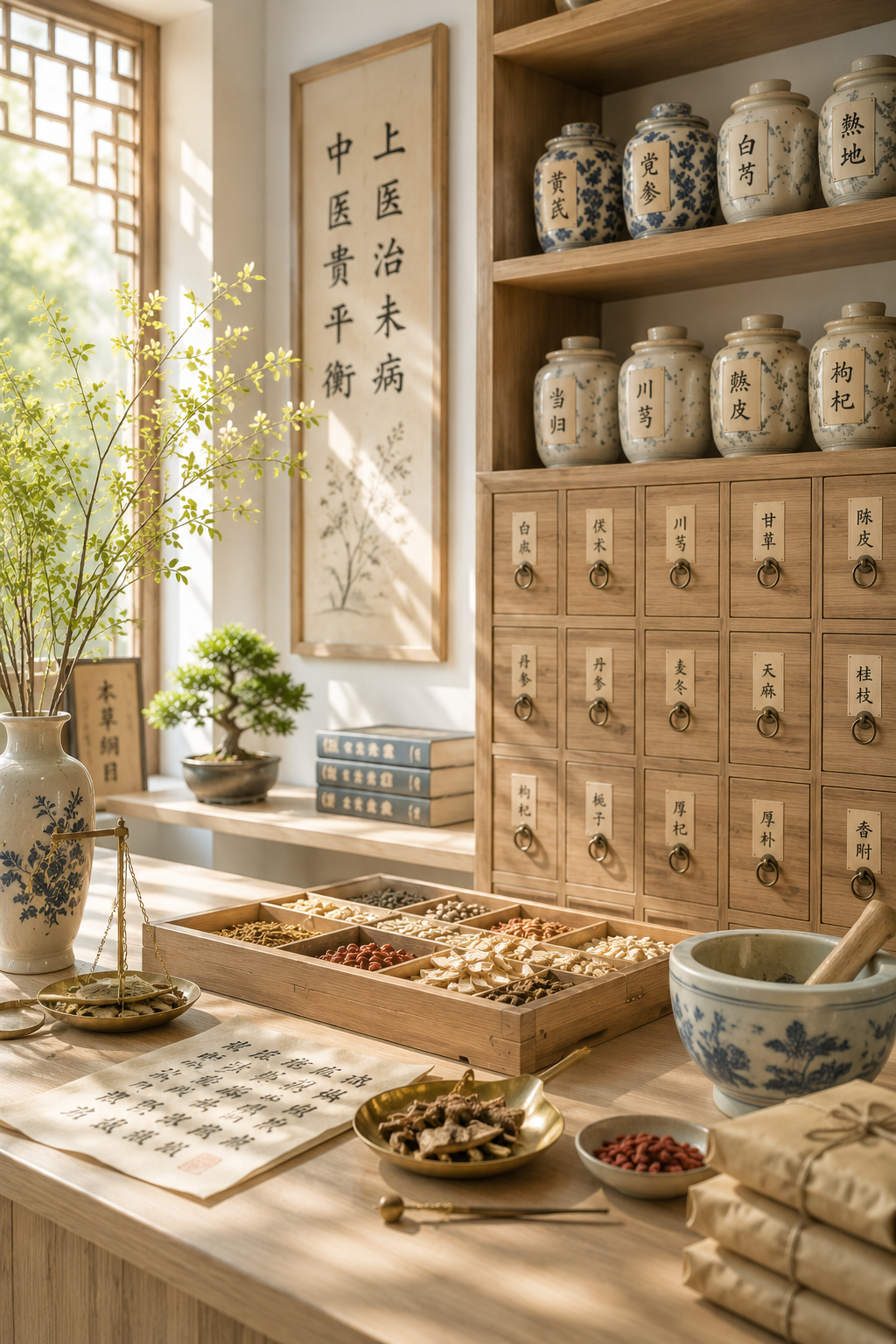 Traditionelle chinesische Medizinpraxis mit Kräutertöpfen, Medizinregal, Pflanzen, Waage und medizinischen Kräutern auf einem Holztablett, alles in einem gut beleuchteten Raum.