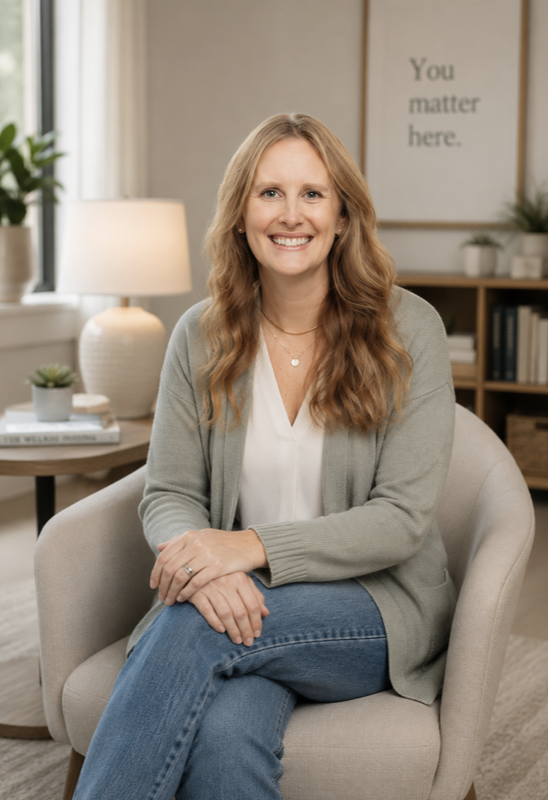A woman with red hair, smiling, sitting in a light-colored armchair in a cozy living room with a lamp, plant, and bookshelf in the background.