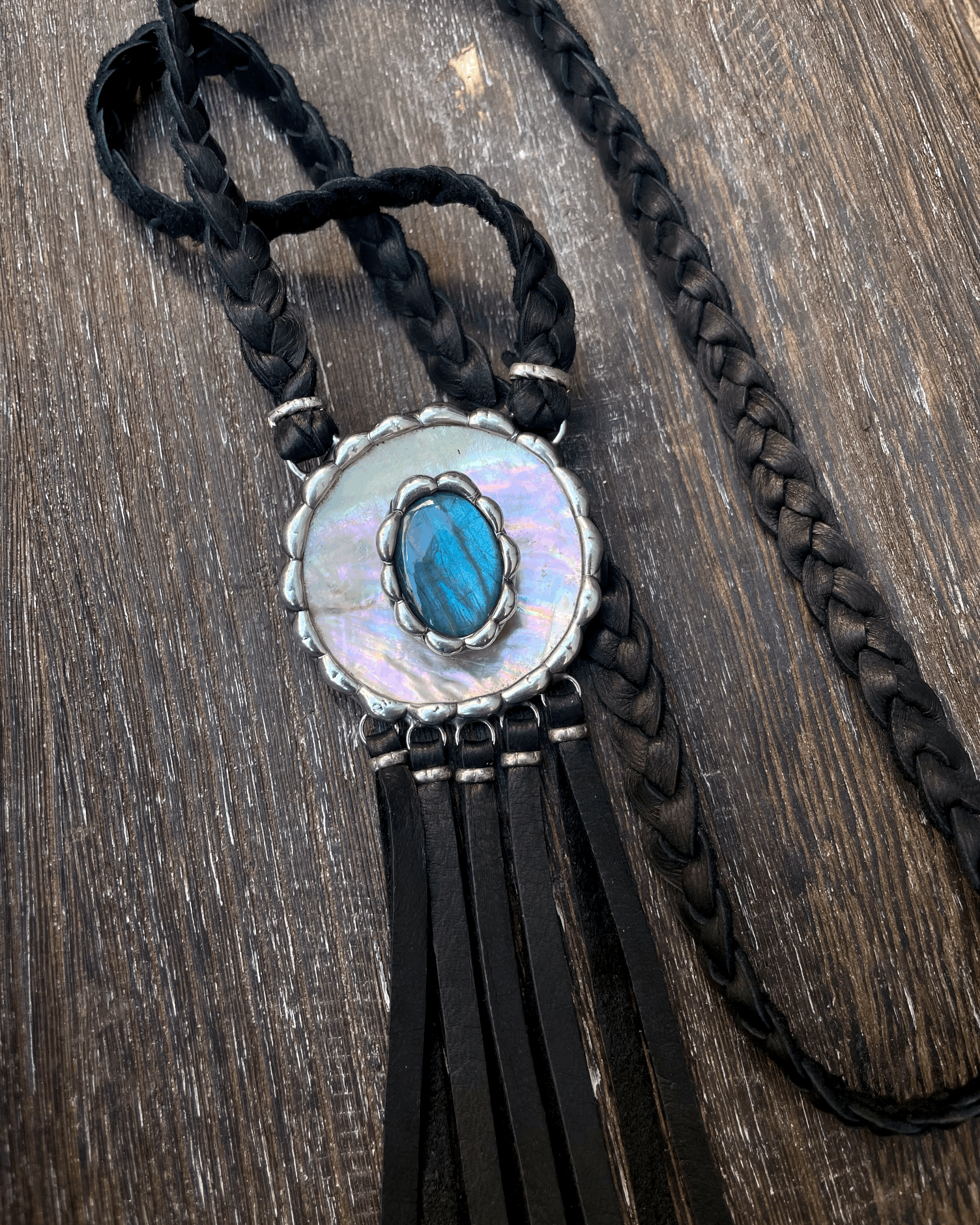 Floating Labradorite Gemstone Abalone Long Line Statement Necklace With Leather Fringe