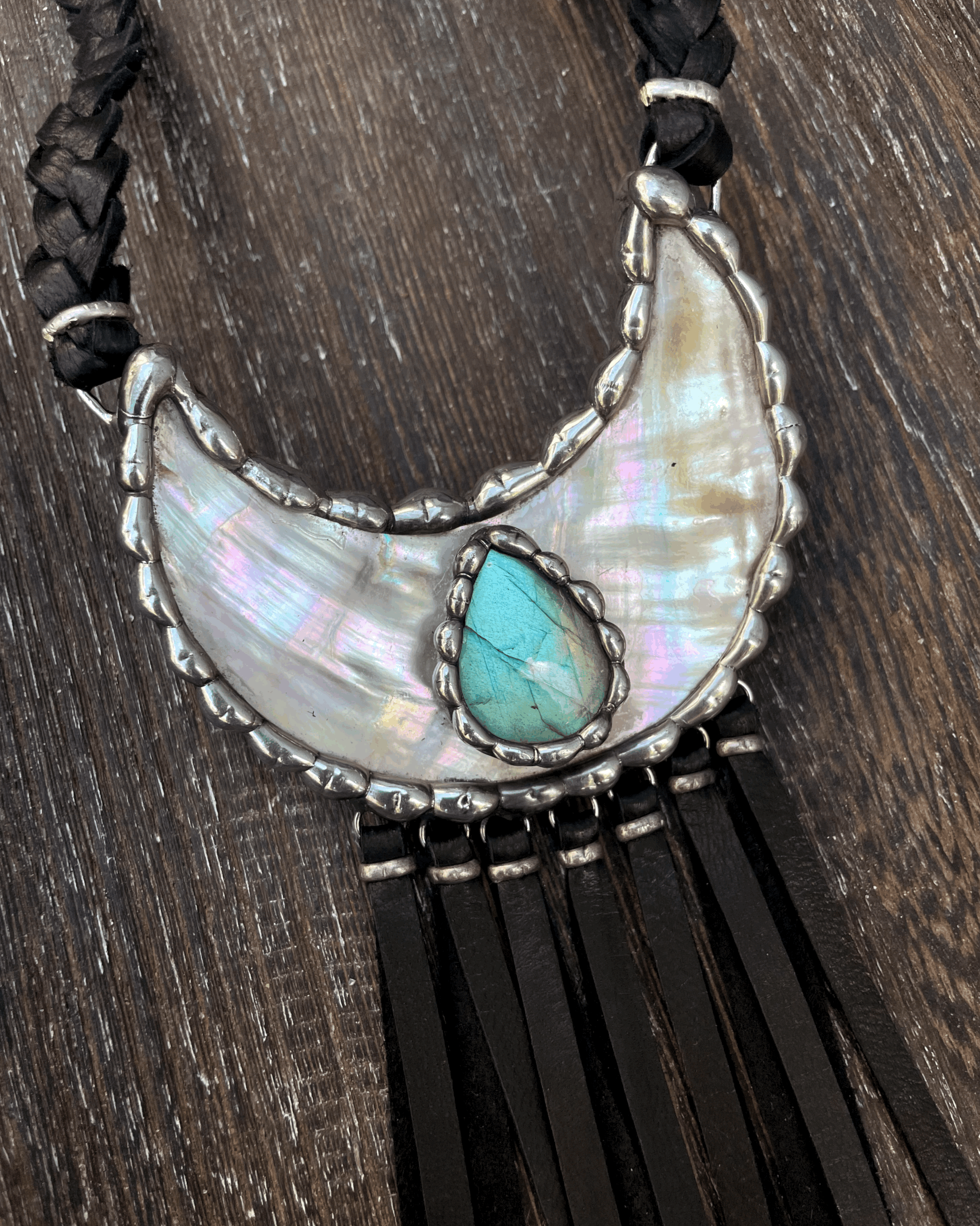 Floating Labradorite Gemstone Abalone Moon Statement Necklace With Leather Fringe
