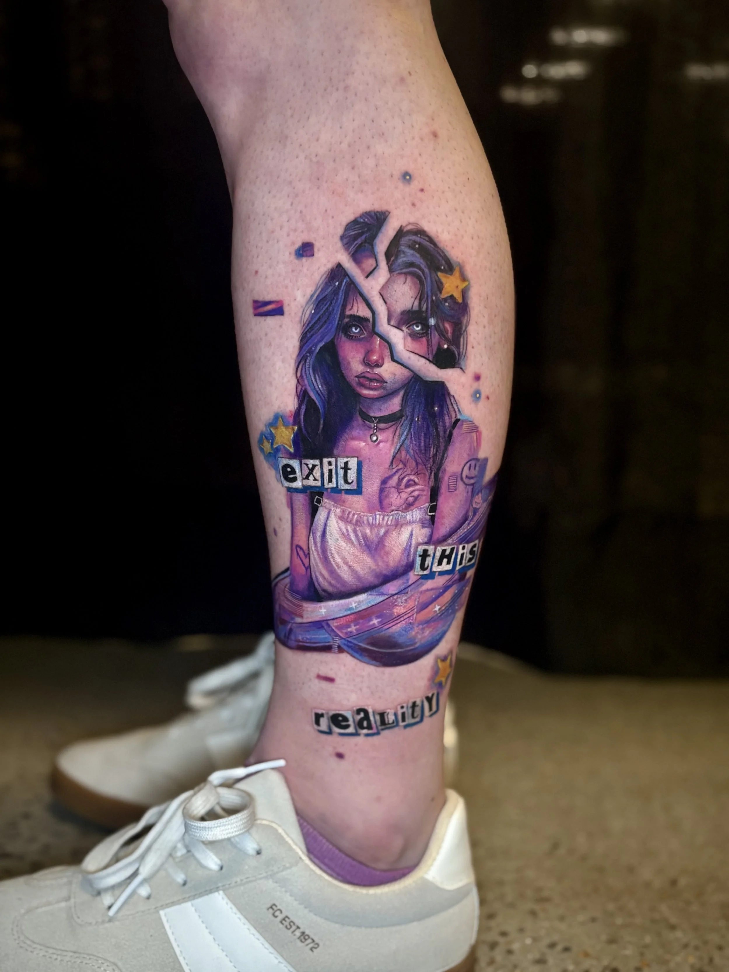 Full rich saturated color tattoo she looks like jinx from arcane and billie eilish