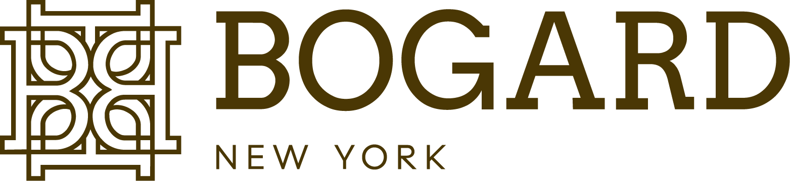 A logo with an intricate gold geometric design and the text 'BOGARD NEW YORK' in gold on a black background.