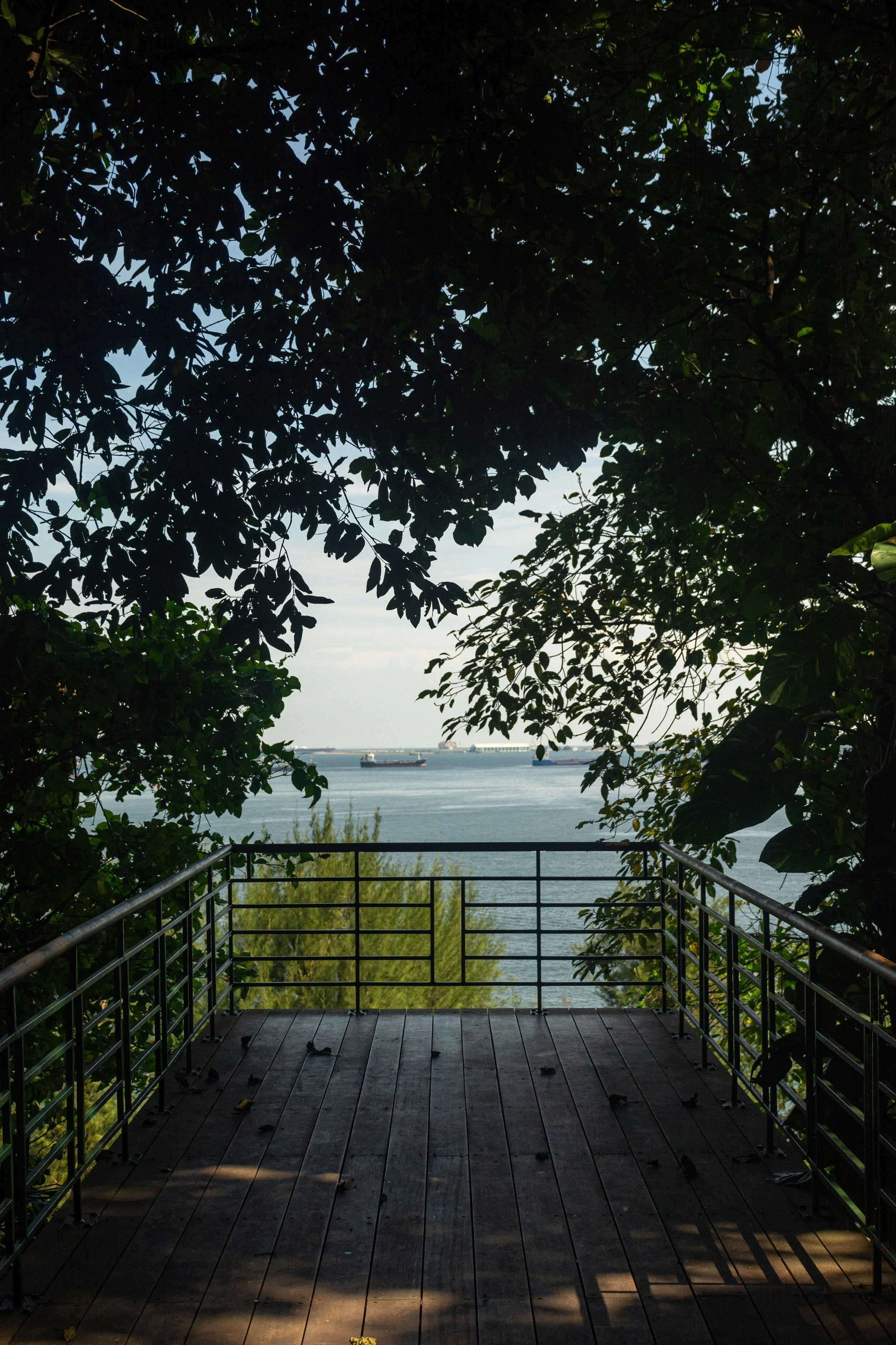 View of a body of water with ships and a cloudy sky, framed by dense dark green tree leaves and a wooden deck with metal railings in the foreground.