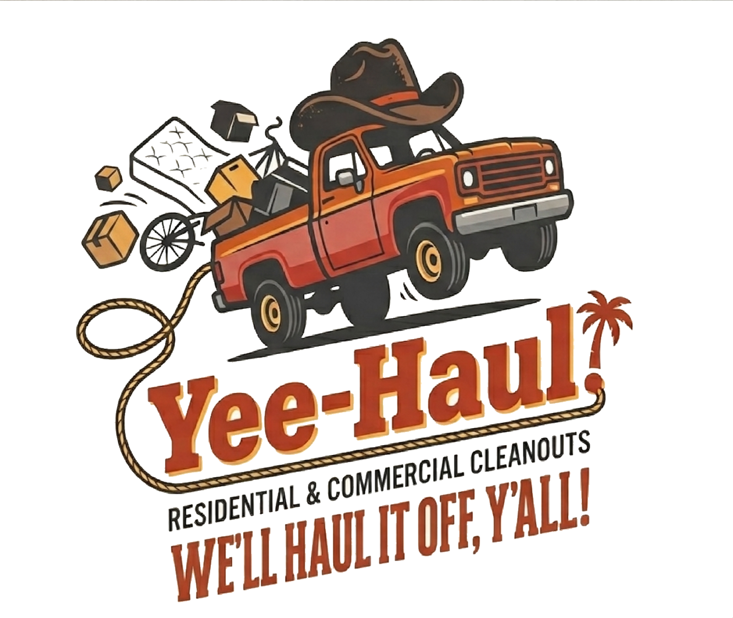 Illustration of a red pickup truck with a cowboy hat on top, carrying furniture and boxes, with a rope tied to the front. Text in bold red and orange says 'Welcome to Valley'.