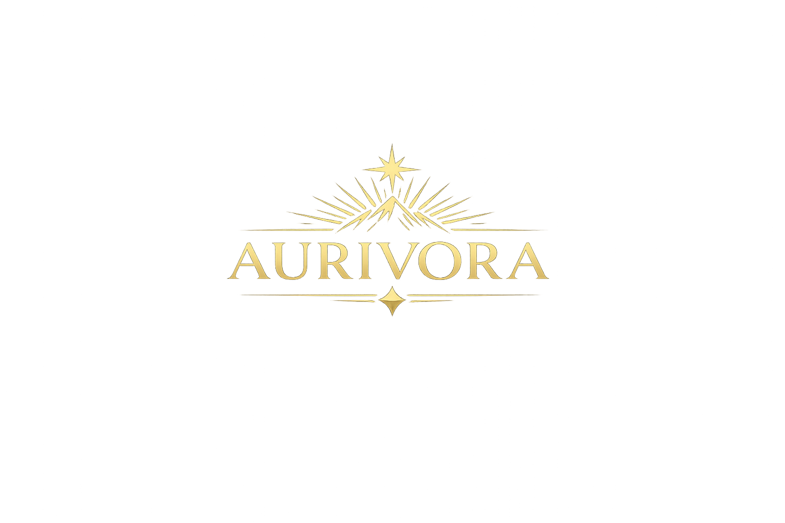 Golden text reading 'AURIVORA' with a star and mountain graphic behind it, set against a colorful abstract background.