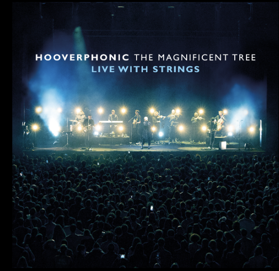 Concert stage with band performing, large audience in front, stage lights, and text overlay about Hooverphonic's live concert with strings.