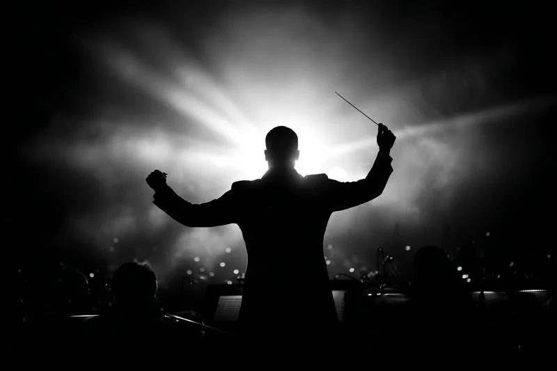 Silhouette of a conductor leading an orchestra with stage lights in the background