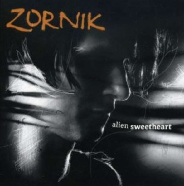 Album cover of Zornik's 'Alien Sweetheart' featuring a close-up, monochrome image of a person's face with long hair and blurred background.