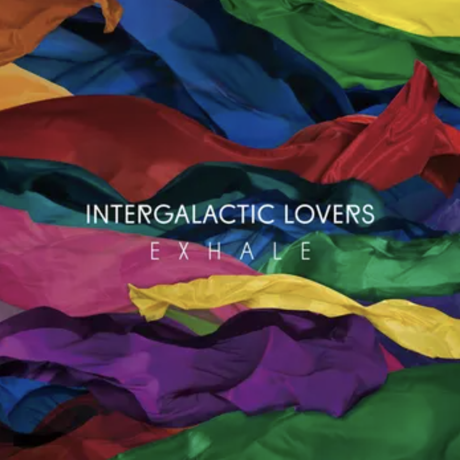 Colorful crumpled paper sheets in various colors with the text 'Intergalactic Lovers Exhale' overlayed in the center.