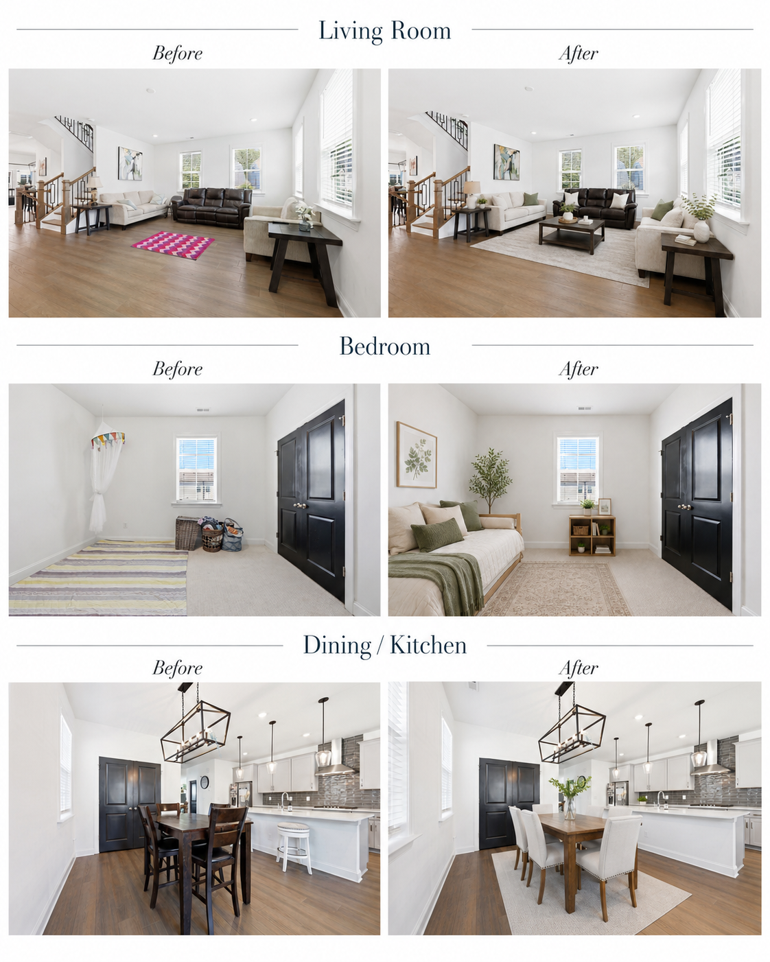 Before-and-after home staging comparison showing improvements to a living room, bedroom, and dining and kitchen area.