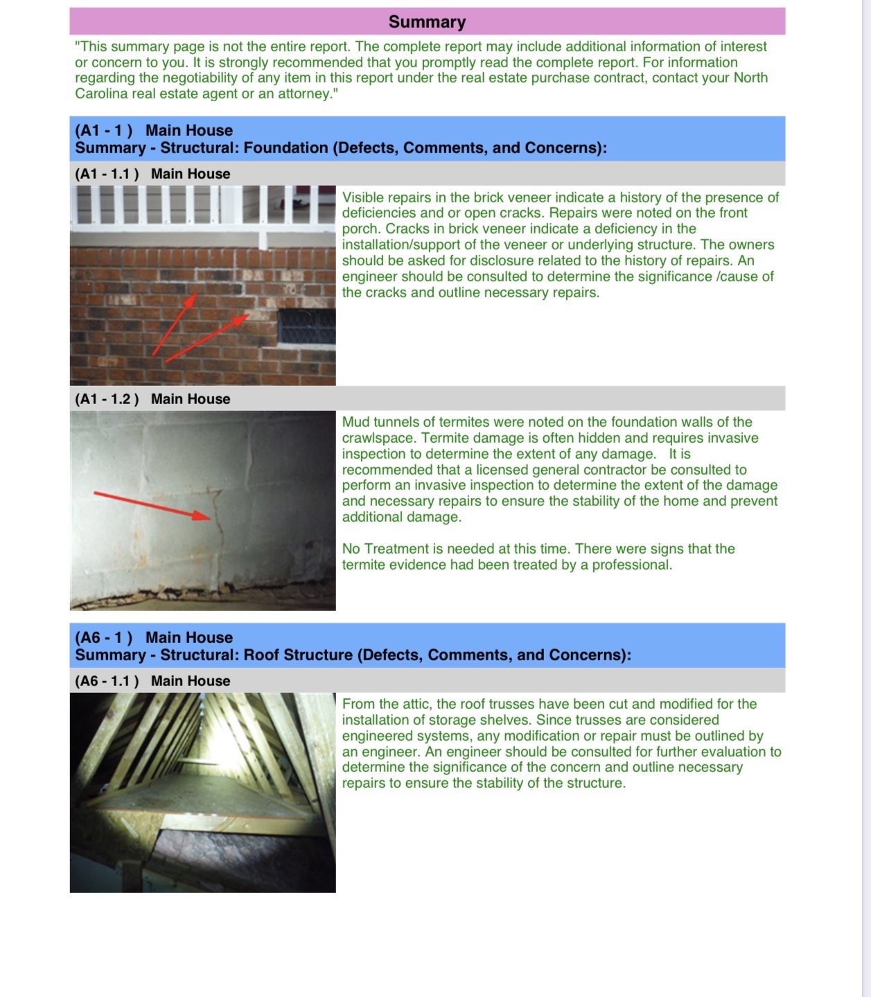 Home inspection report showing termite activity and structural concerns