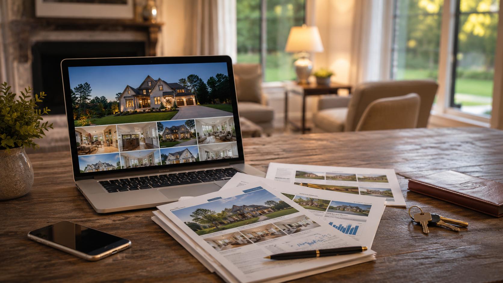 Laptop showing house listing images, papers with house photos and data, a phone, keys, a wallet, and a pen on a wooden table in a cozy living room with large windows and comfortable chairs.