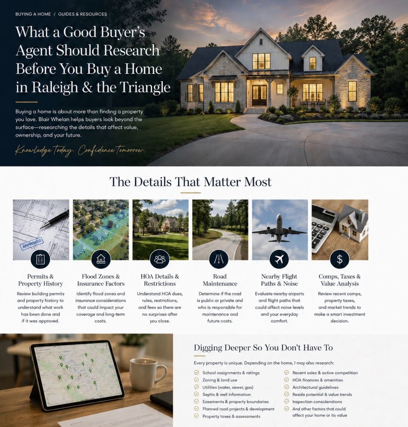 Buyer agent research guide for Raleigh and the Triangle covering permits, flood zones, HOA details, road maintenance, flight paths, comparable sales, and property value factors.