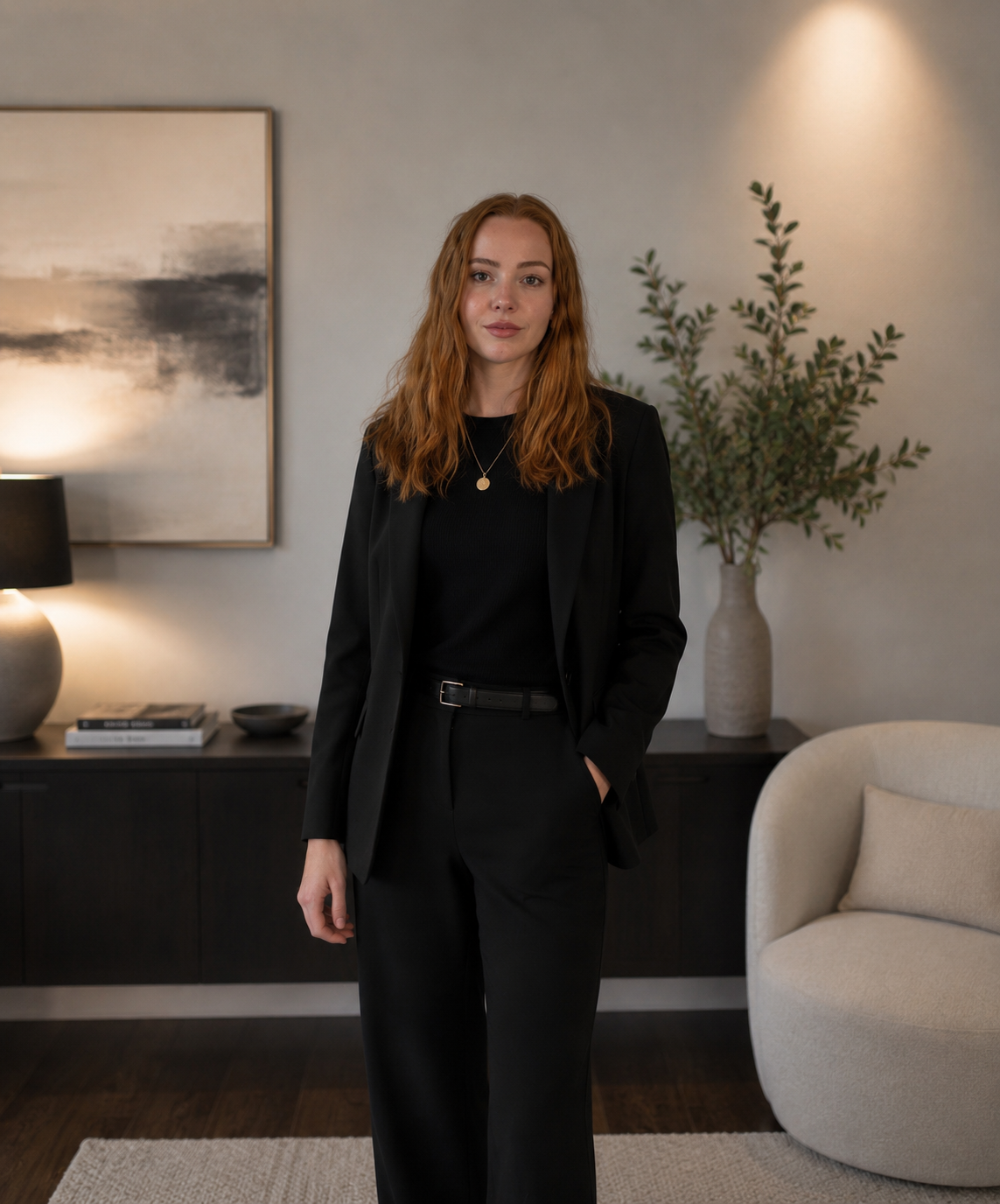 A woman with long red hair wearing a black suit and black shirt standing in a modern living room.