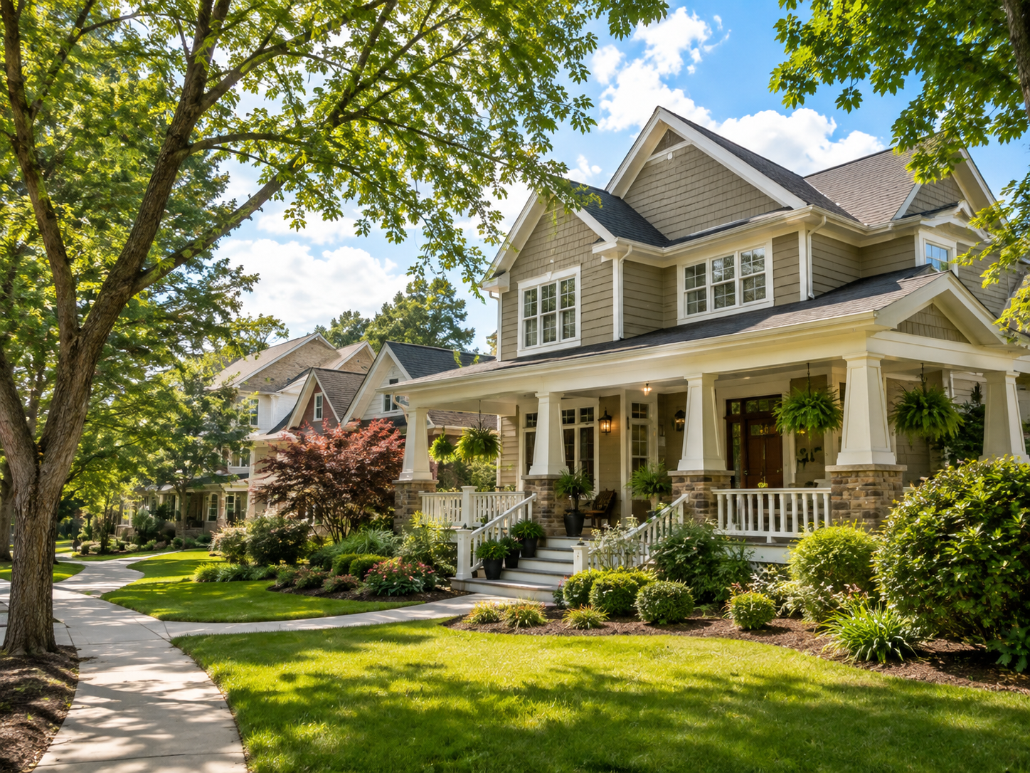 A large two-story house with a front porch, surrounded by a well-maintained yard with trees, shrubs, and flowering plants. The house has beige siding, white trim, and a dark roof, with a sidewalk leading to the front door. The sky is partly cloudy with sunlight filtering through the trees.