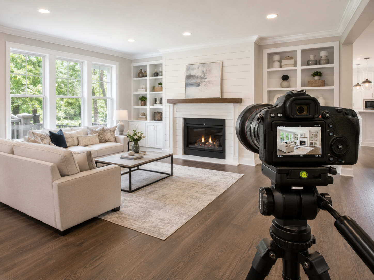 Professional real estate photographer capturing a bright, staged living room with large windows, neutral furniture, built-in shelving, and a fireplace.