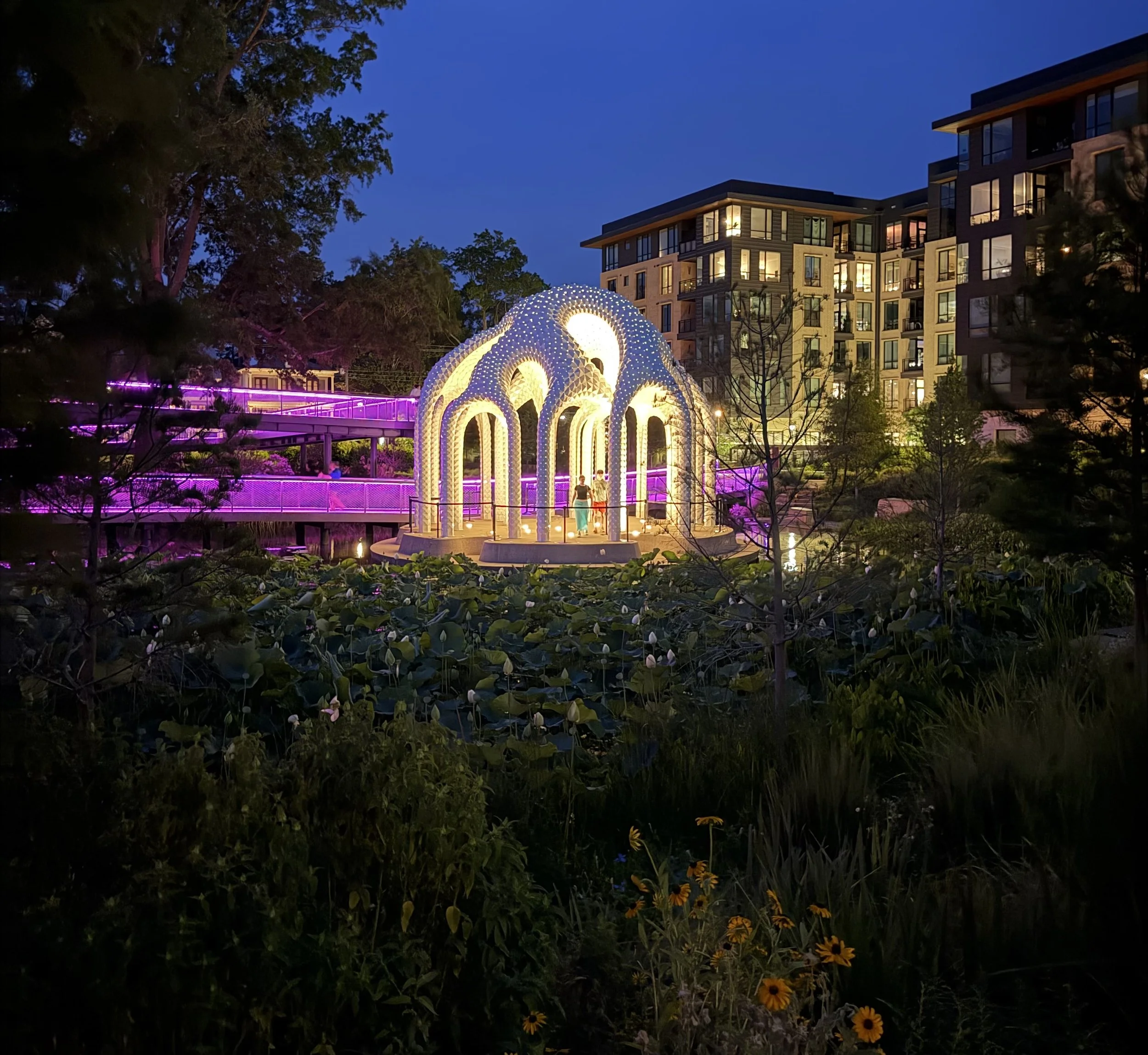 Illuminated public art installation and colorful lighting at Downtown Cary Park in Cary, North Carolina, with apartments in the background.