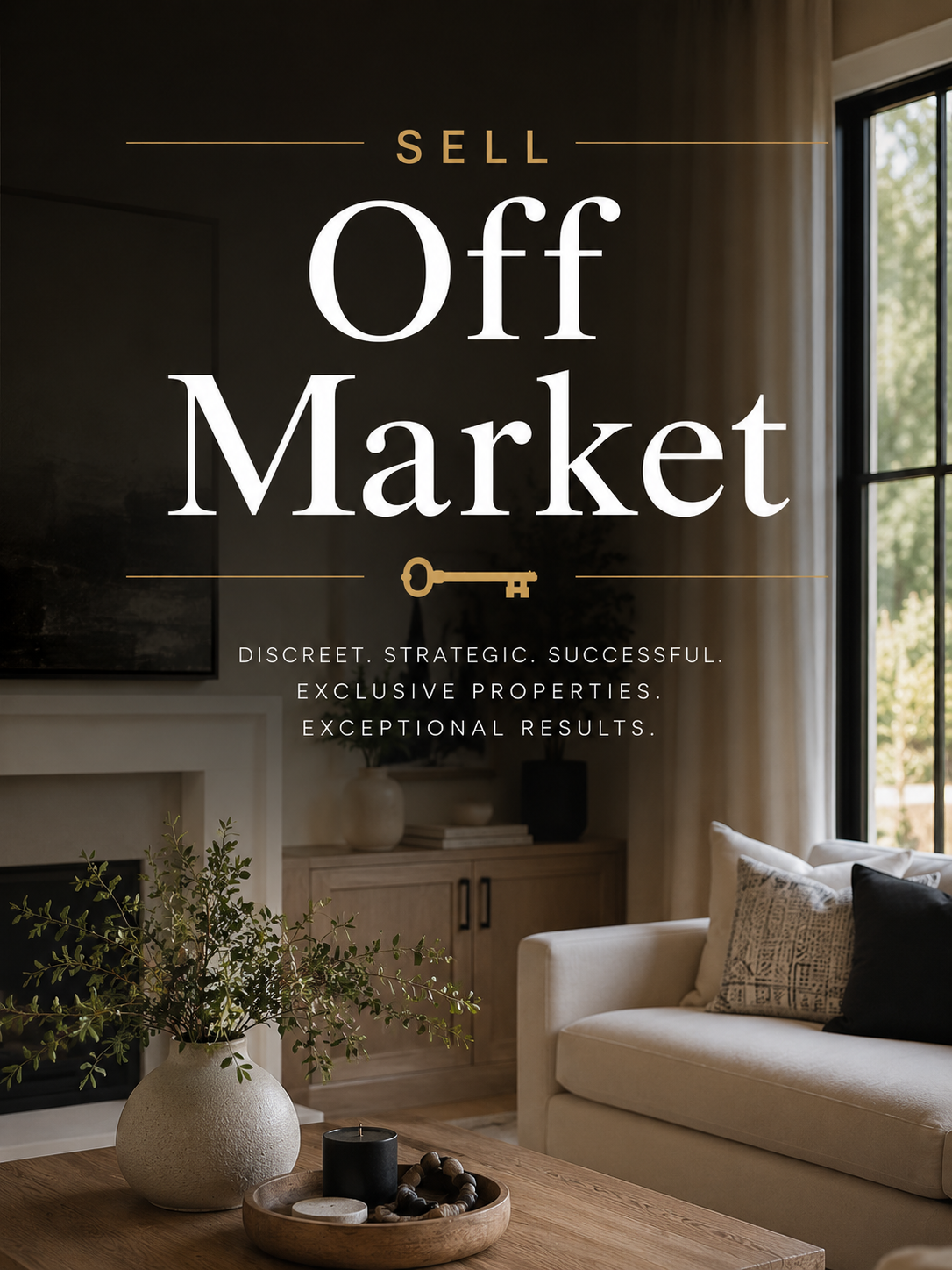 Sign advertising a real estate sale with text 'Sell Off Market' and words 'discreet, strategic, successful, exclusive properties, exceptional results' over a cozy living room background with a sofa, pillows, a wooden coffee table, a vase with greenery, and a large window.