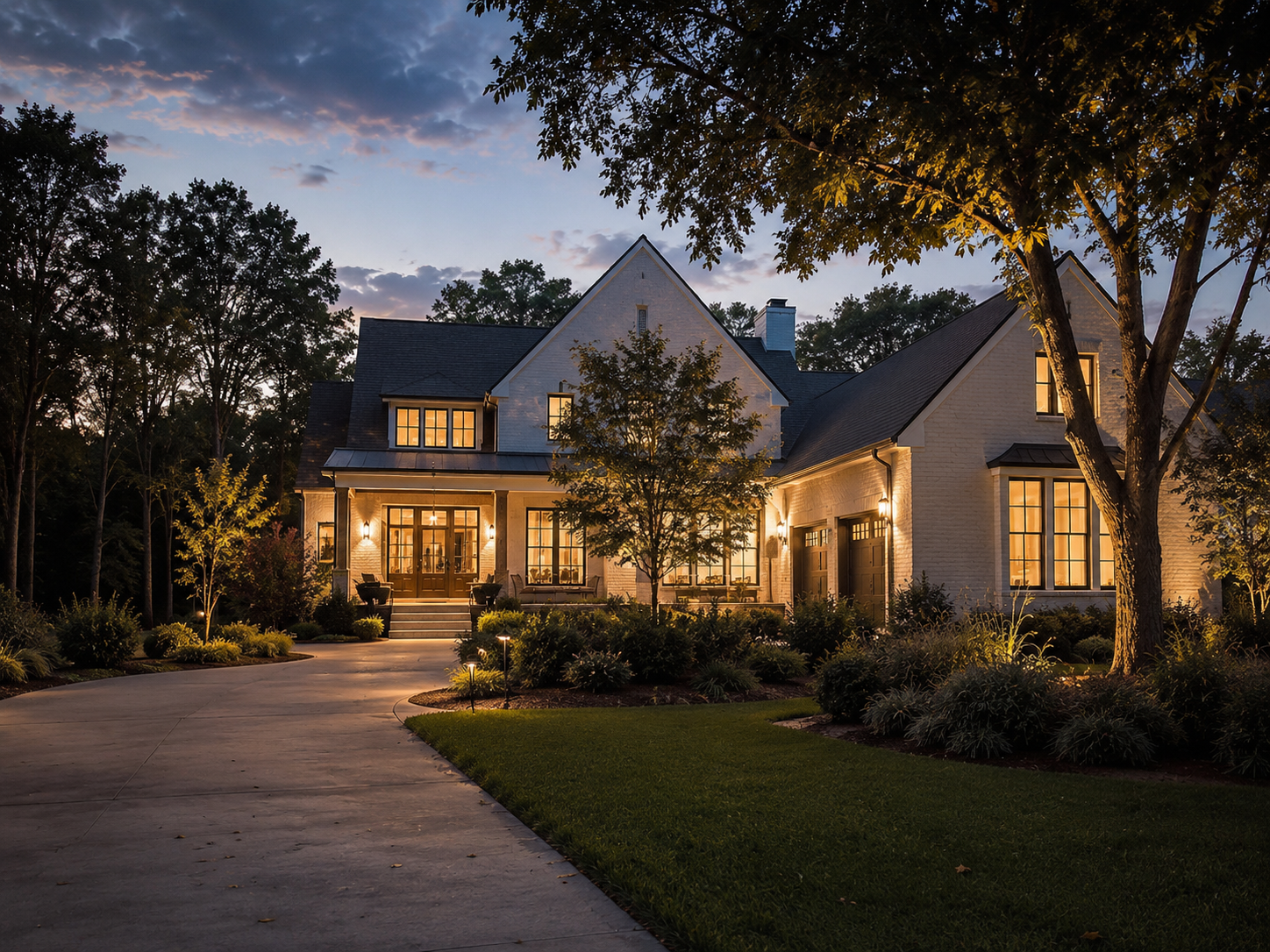 Luxury home at dusk representing off-market home selling in Raleigh and the Greater Triangle area of North Carolina.